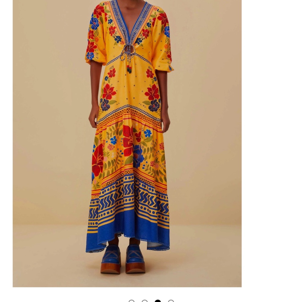 FARM Rio Yellow and blue floral yard maxi Tiered Maxi Dress with sleeves